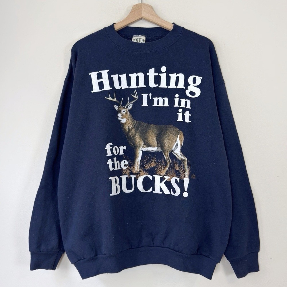 Vintage 90's Animal Buck Deer Nature Hunting Navy Blue Sweatshirt - XL